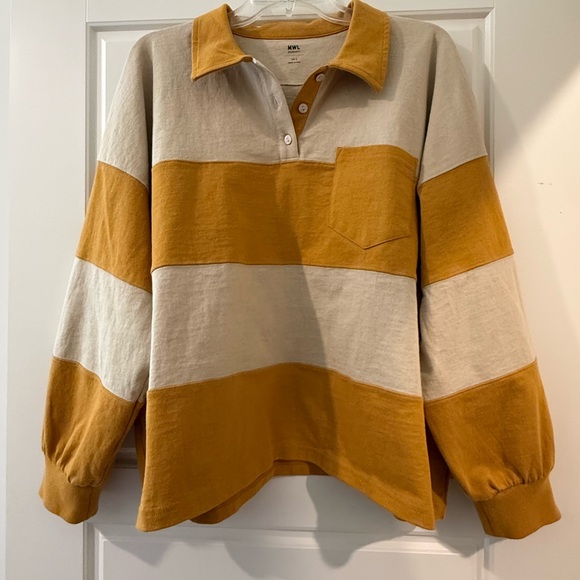 Madewell Tops - Madewell Mustard and Cream Striped Long Sleeve Polo